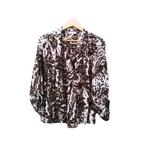 Jennifer Lopez Animal Print Blouse Long Sleeve‎ Tie Neck Brown White